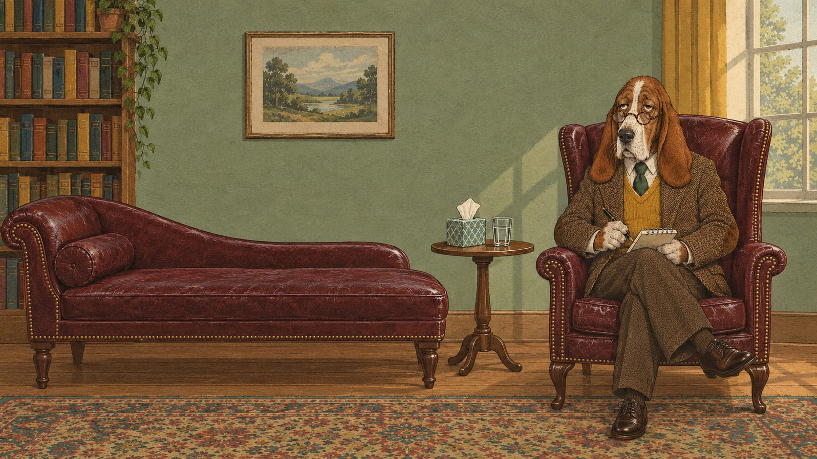 Dr. Shrink, a basset hound in glasses and a tweed jacket, sits in a leather wingback armchair facing the therapy couch, where today's patient lies.